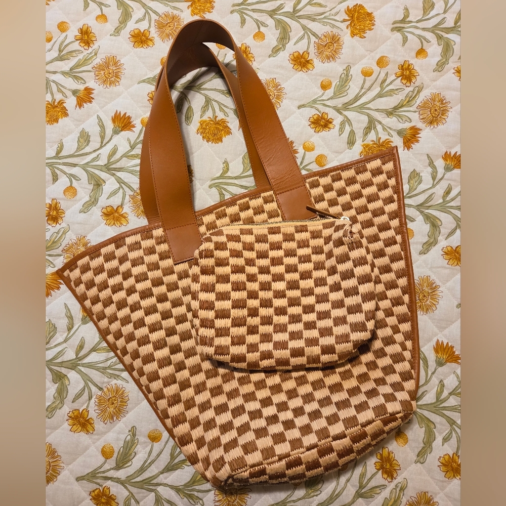 Anthropologie Leather Raffia Tote With Pouch